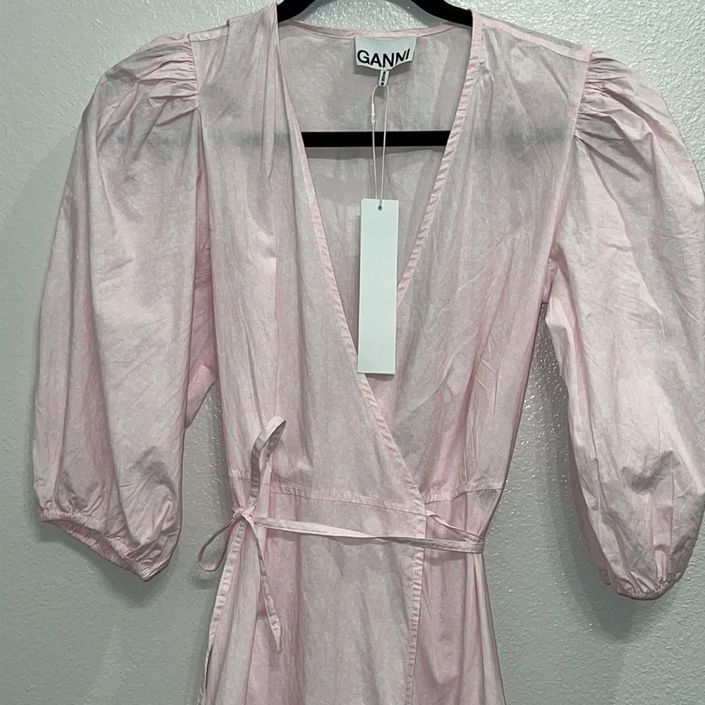 Ganni Puff Sleeve Organic Cotton Wrap Dress in Cherry Blossom - Picture 8 of 10